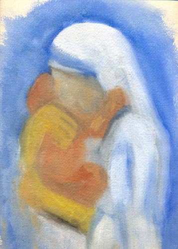 Watercolor abstract impressionist painting of Mother Theresa holding a child in shades of blue