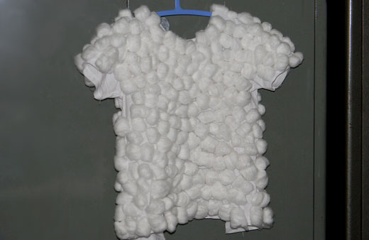 homemade ready cotton balled wooly boy jacket for sheep fancy dress costume