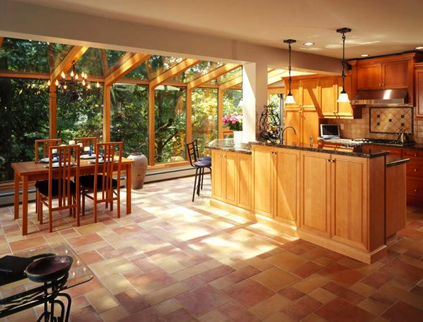 sunroom kitchen and dining area